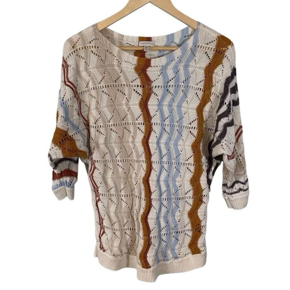 Garnet Hill Crochet Dolman Knit Sweater S Multicolor Striped Linen Blend Boxy